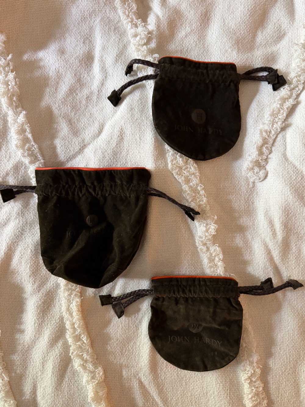 John Hardy Black Velvet Drawstring Pouches with Orange Trim - Set of 3